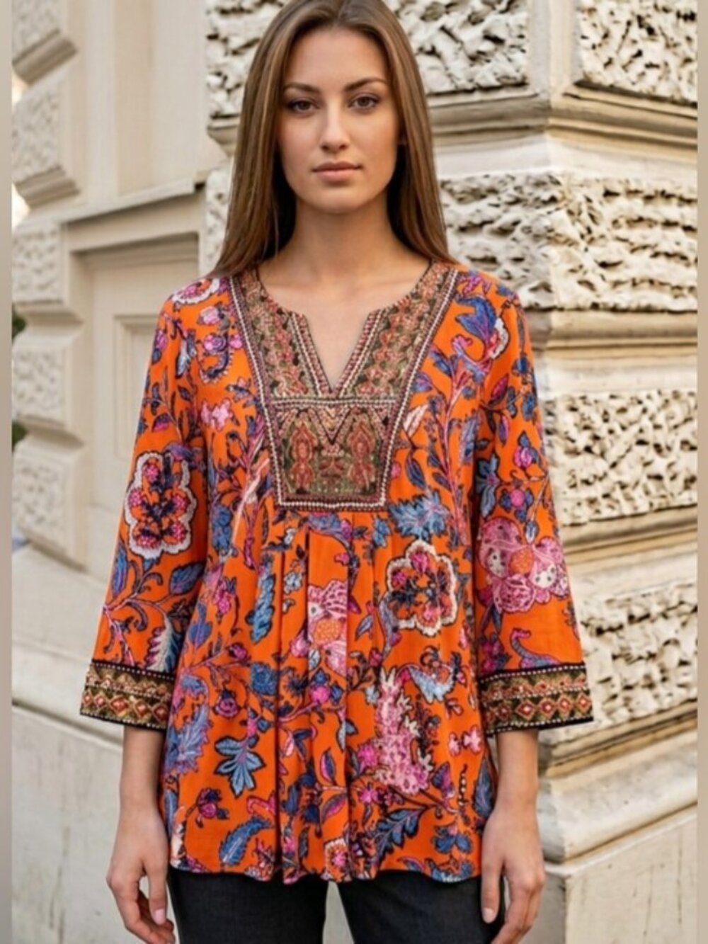 Soft Surroundings SZ M Colorful Floral V-Neck Beaded Pleated Inspired Tunic